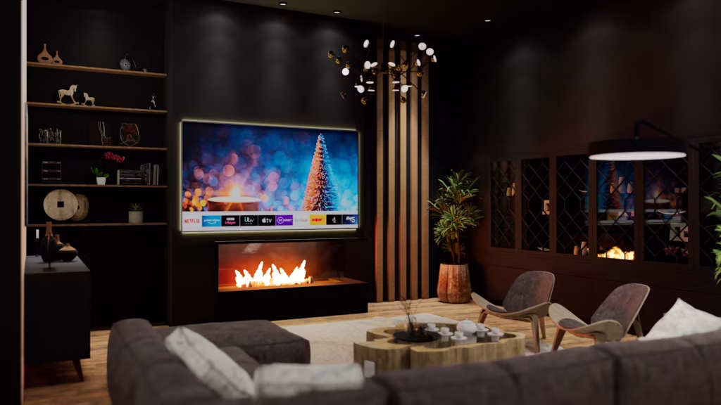 a modern living room with a fireplace and TV
