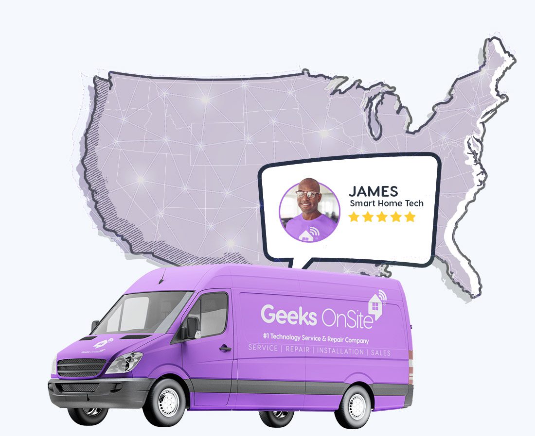 a purple Geeks on Site van with a map graphic