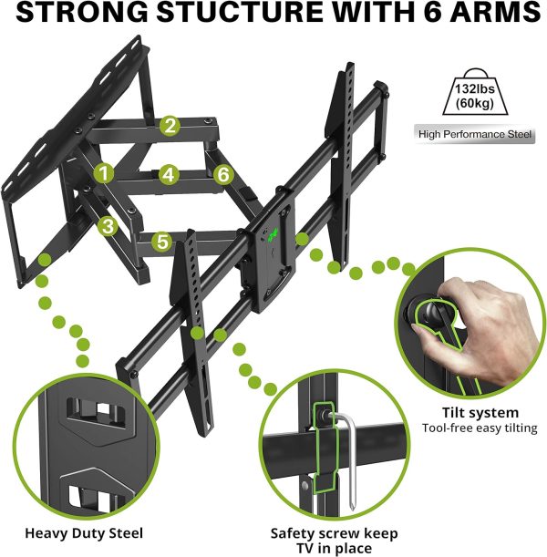USX Mount UL Listed Full Motion TV Wall Mount for Most 37-86 inch TV, Swivel and Tilt Mount with Dual Articulating Arms Up to 132lbs, VESA 600x400mm, 16" Wood Studs, XML019 - Image 4