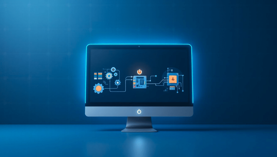 desktop computer on blue backdrop