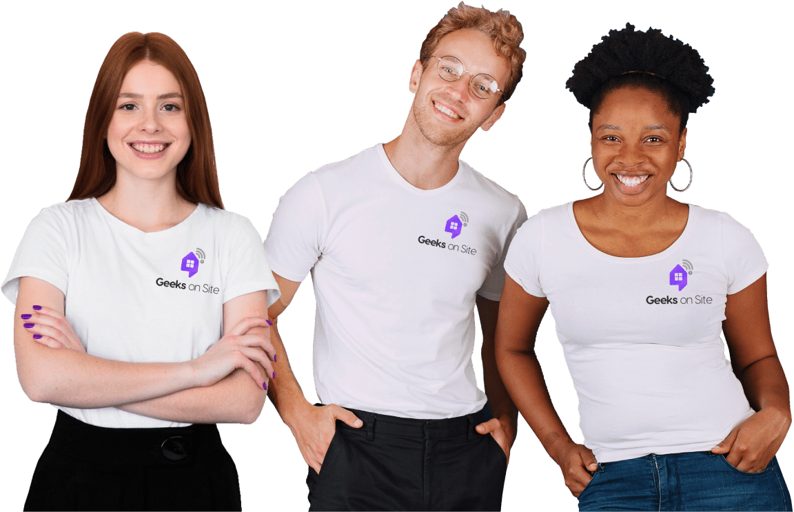 three geeks on Site employees in white t-shirts.