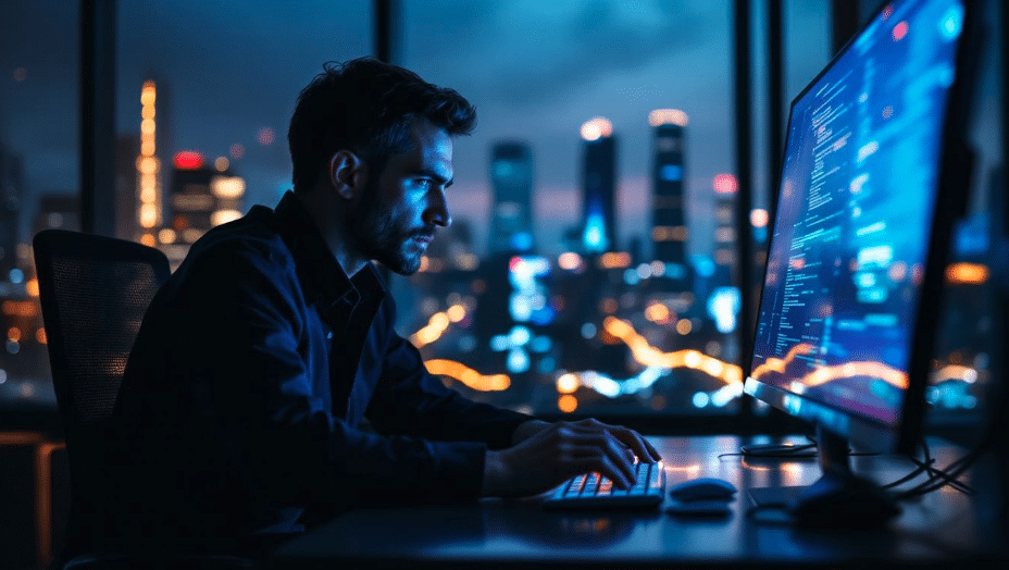 man on computer in front of cityscape
