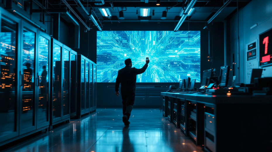 man on phone walking through hallway
