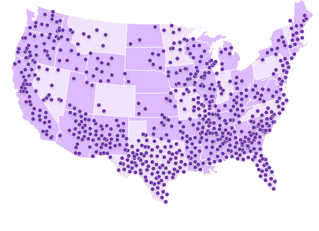 a purple map of the US showing Geeks On Site technician locations