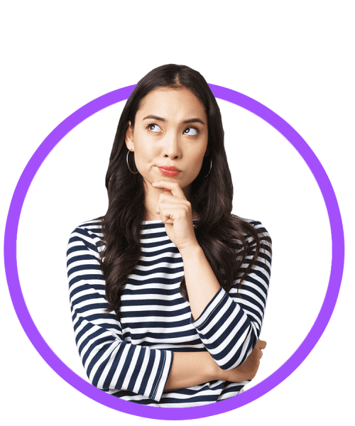 Woman in a striped top with a thinking expression.