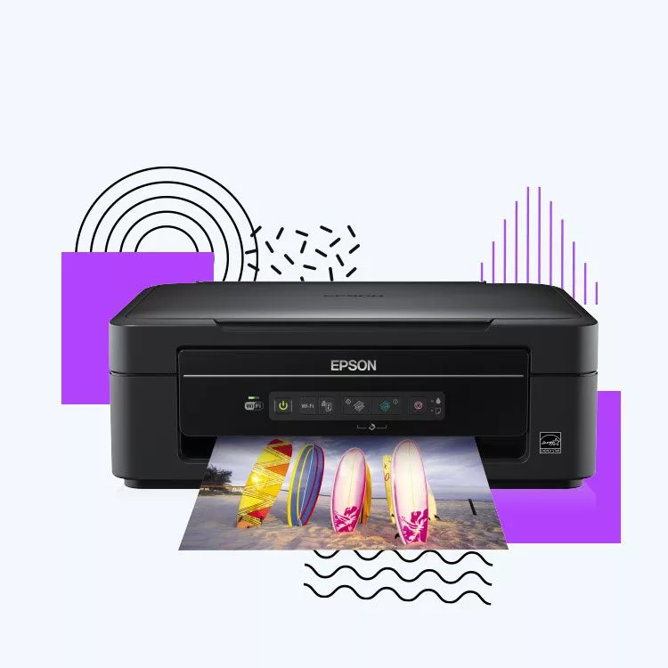 a black Epson printer with abstract designs.