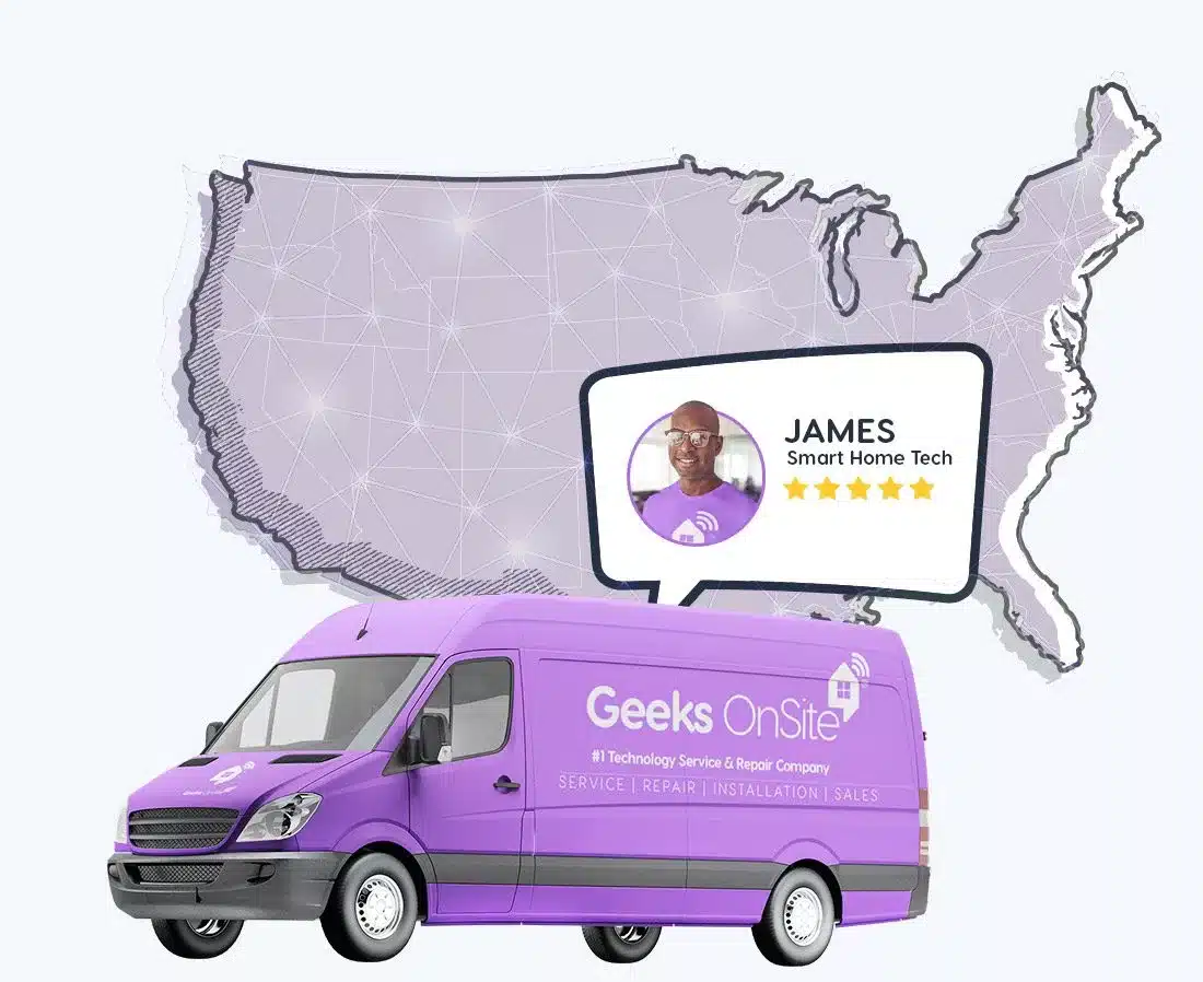 a purple Geeks on Site van with a map graphic.